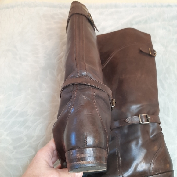 Worn in Frye Dorado Brown Leather Tall Riding Boots with Buckle Details - Picture 7 of 16